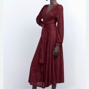 Zara Burgundy Midi Dress with Tie Front